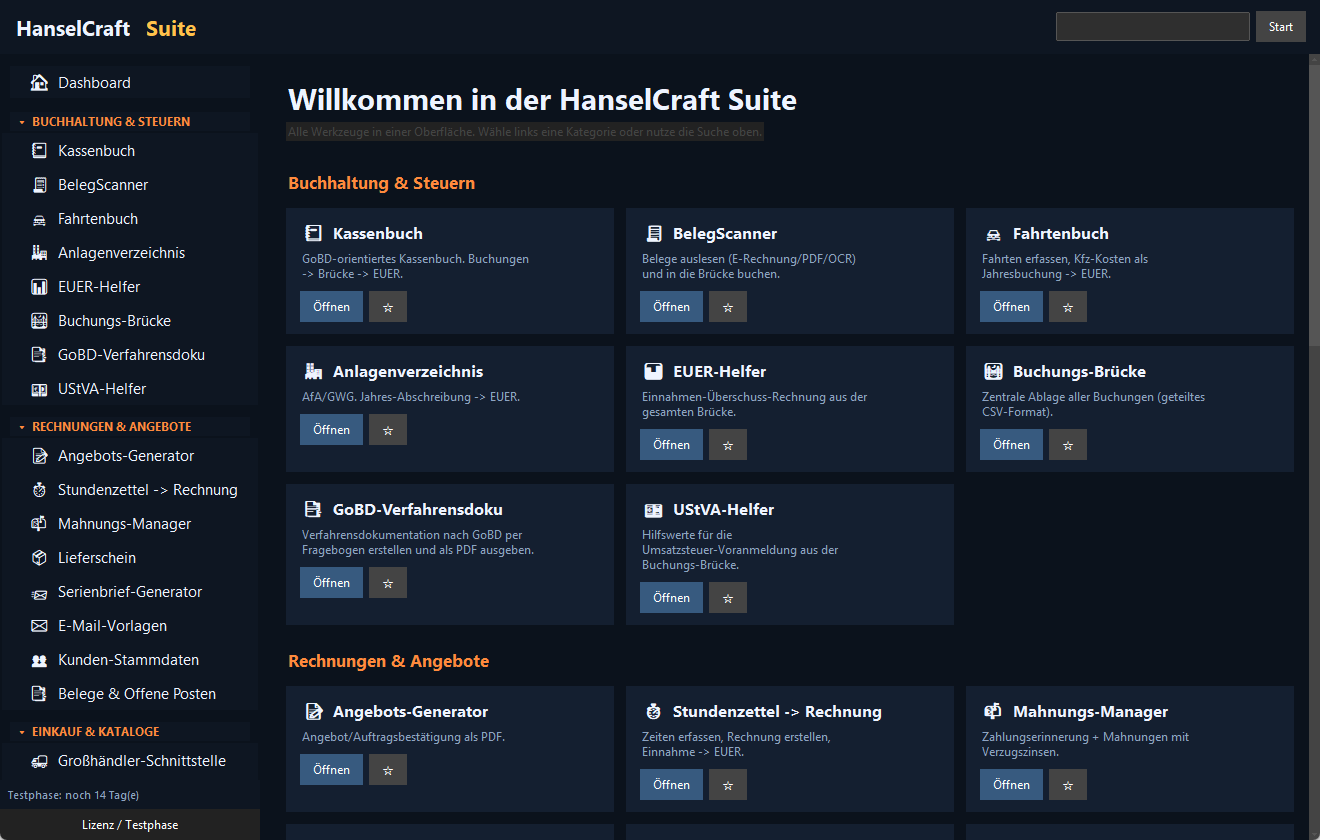 HanselCraft Suite Dashboard